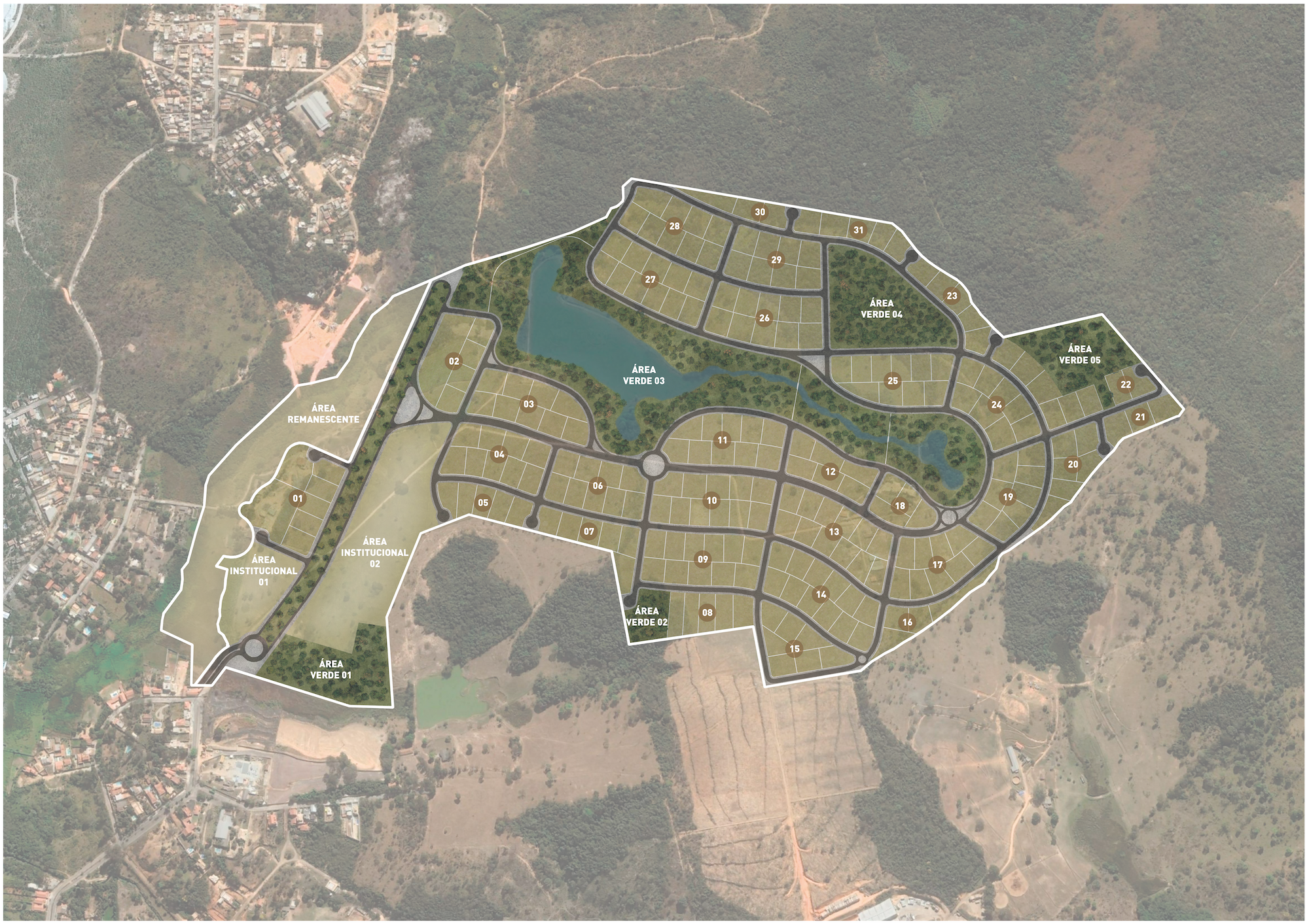 Planta tratada do loteamento do Condomínio Estância do Lago, com quadras numeradas de 01 a 30, 2 áreas intitucionais, 5 áreas verde e uma área remanescente