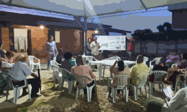 Foto de Leitura Comunitária, evento participativo realizado para discussão do Plano Diretor de Brumadinho, editada para preservar os presentes.