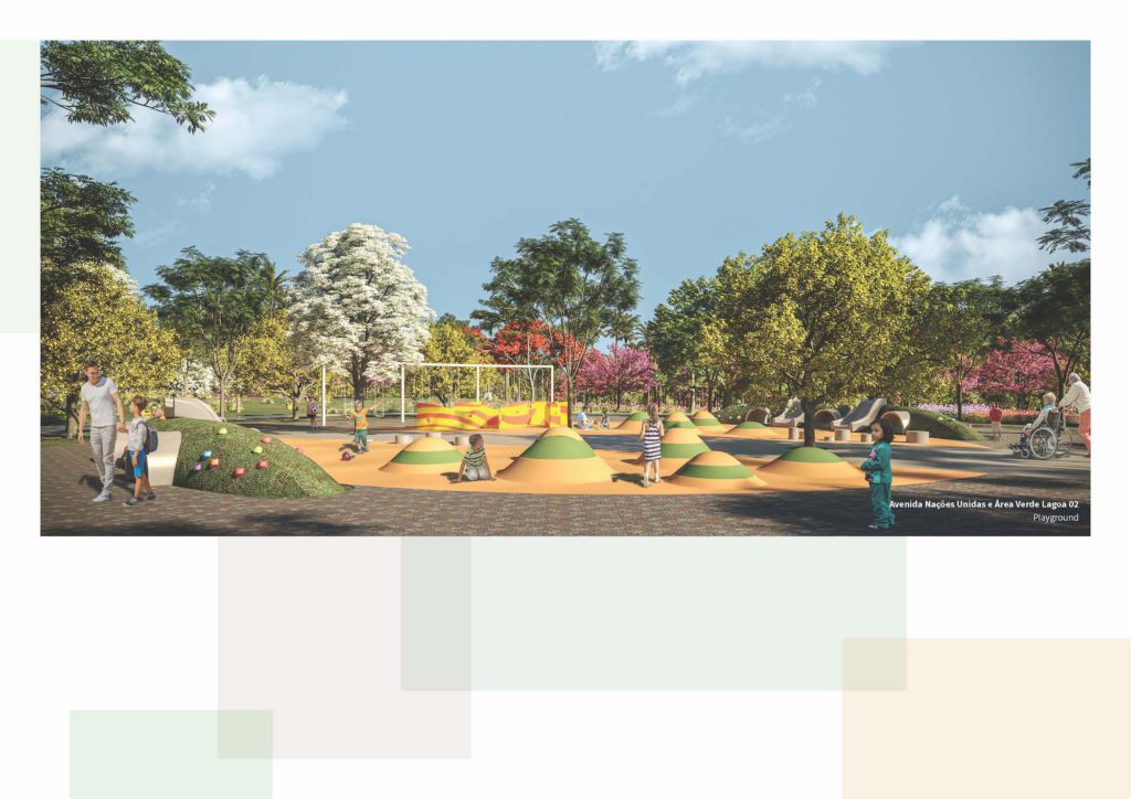 Imagem do projeto do loteamento Jardim da serra, que mostra o playground proposto na área verde lagoa 02, na Avenida Nações Unidas