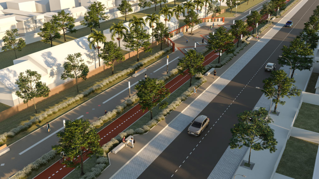 Imagem do projeto Requalificação Urbana de Jaciara, que mostra uma avenida com canteiro central com ciclopista, área caminhável e áreas de descanso